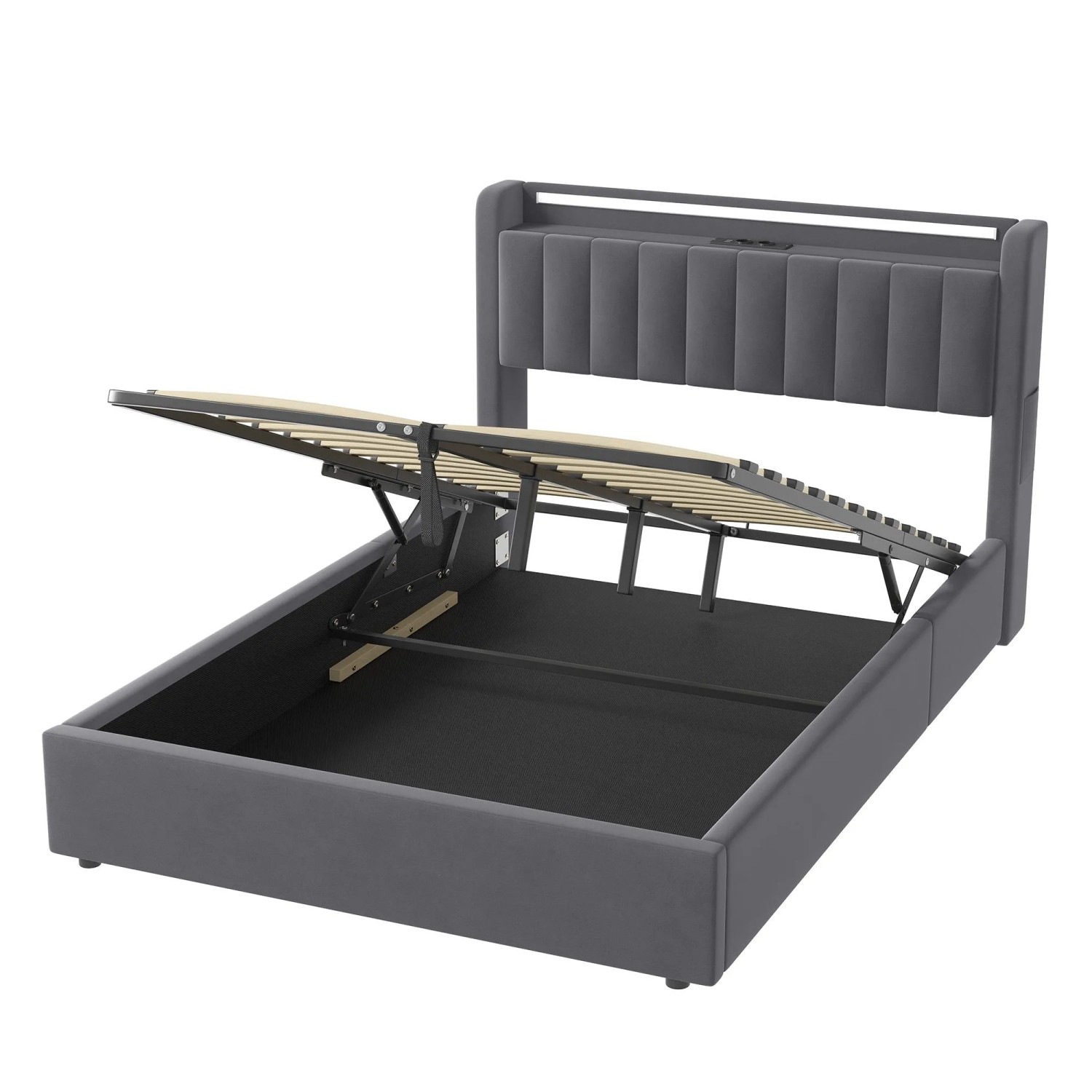 okwish Polsterbett mit Bettkasten LED-Licht Jugendzimmer mit Matratze 140x200cm Grau