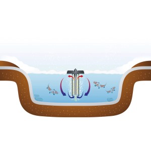 Illustration: Heissner Teichheizer Aqua Heat ECO 50W im Teich mit Fischen. Frostwächter für Teichpflege.