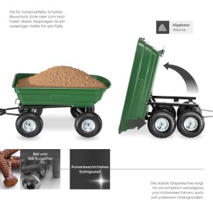 Grüner Tectake Bollerwagen mit Kippfunktion und Luftreifen, gefüllt mit Erde. Ideal für Camping und Garten.