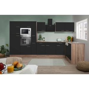 Respekta Winkelküche 370 cm in Schwarz Seidenglanz mit Eiche York Dekor, inklusive E-Geräte.
