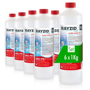 6er-Pack Bayzid Chlor 13% Flüssig für Pools, je 1 kg Flasche zur Pool Desinfektion.