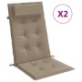 2 taupe Hochlehner-Auflagen aus Oxford-Gewebe für Gartenstühle. Gepolsterte Sitzkissen mit Kopfpolster.