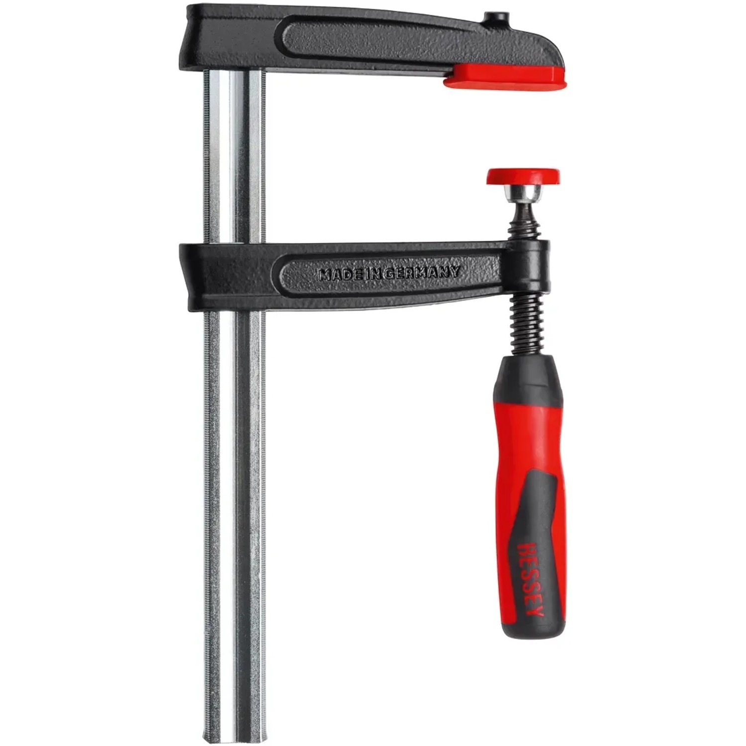 Bessey Temperguss-Schraubzwinge 60/120 mit 2K-Griff und Schutzkappen.