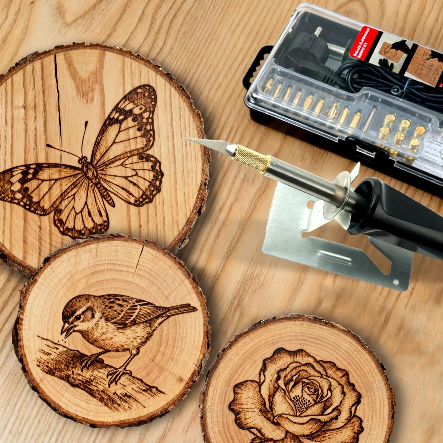 CCLIFE 30W Brandmal Lötkolben Set mit 22 Spitzen, Ständer und Holzmalerei-Beispielen (Schmetterling, Vogel, Rose).