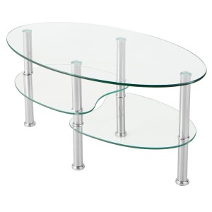 Ovaler Costway Couchtisch aus Glas mit 2 Ebenen und Chromgestell.