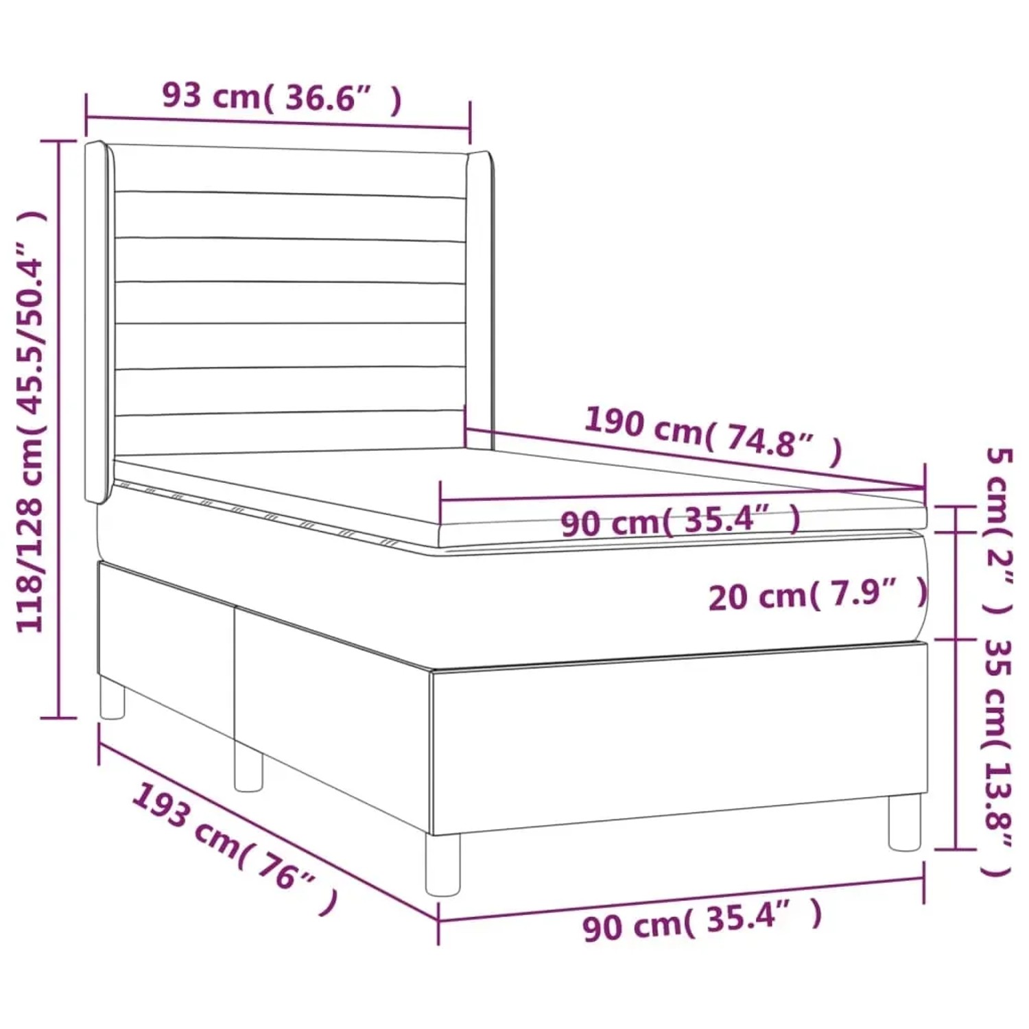 vidaXL Boxspringbett blau, 90x190 cm, Stoff. Bett mit Matratze, Lattenrost und Kopfteil. Ideal für erholsamen Schlaf.