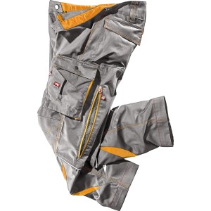 Graue Bullstar Arbeitshose Ultra mit vielen Taschen und orangenen Akzenten.