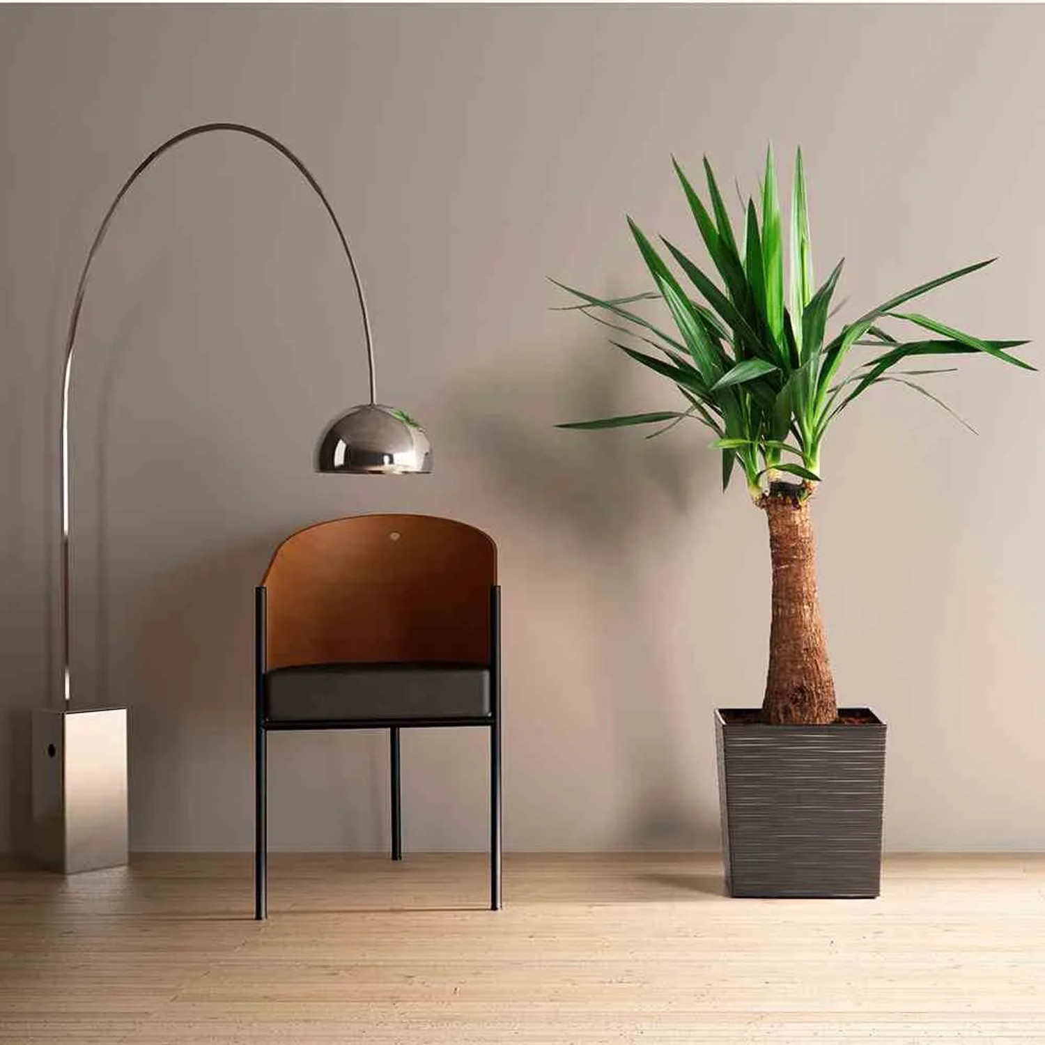 Siena Garden Pflanzgefäß Biron Graphit, 25x25x26cm, mit Rillenoptik und Yucca-Palme im Interieur.