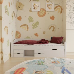 Weißes Juskys Kinder Funktionsbett Nalu 90x200 mit Schubladen und Lattenrost vor Kinderzimmer Tapete.