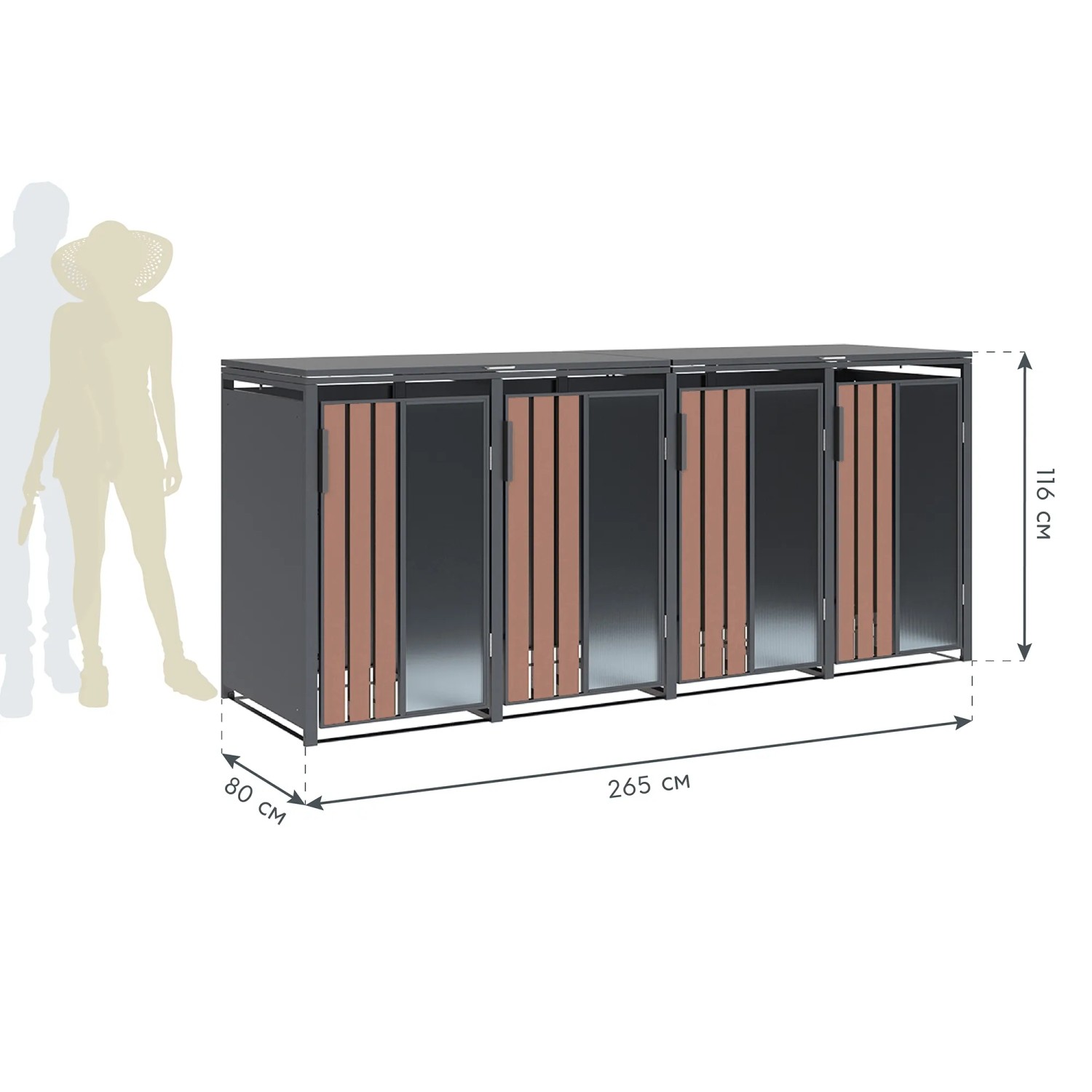 Westmann Mülltonnenbox Status 4 in Anthrazit-Holzoptik, für vier 240L Tonnen.