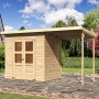 Karibu Holz-Gartenhaus Neuenburg mit Anbaudach, unbehandeltes Fichtenholz, Doppeltür mit Lichtausschnitt.