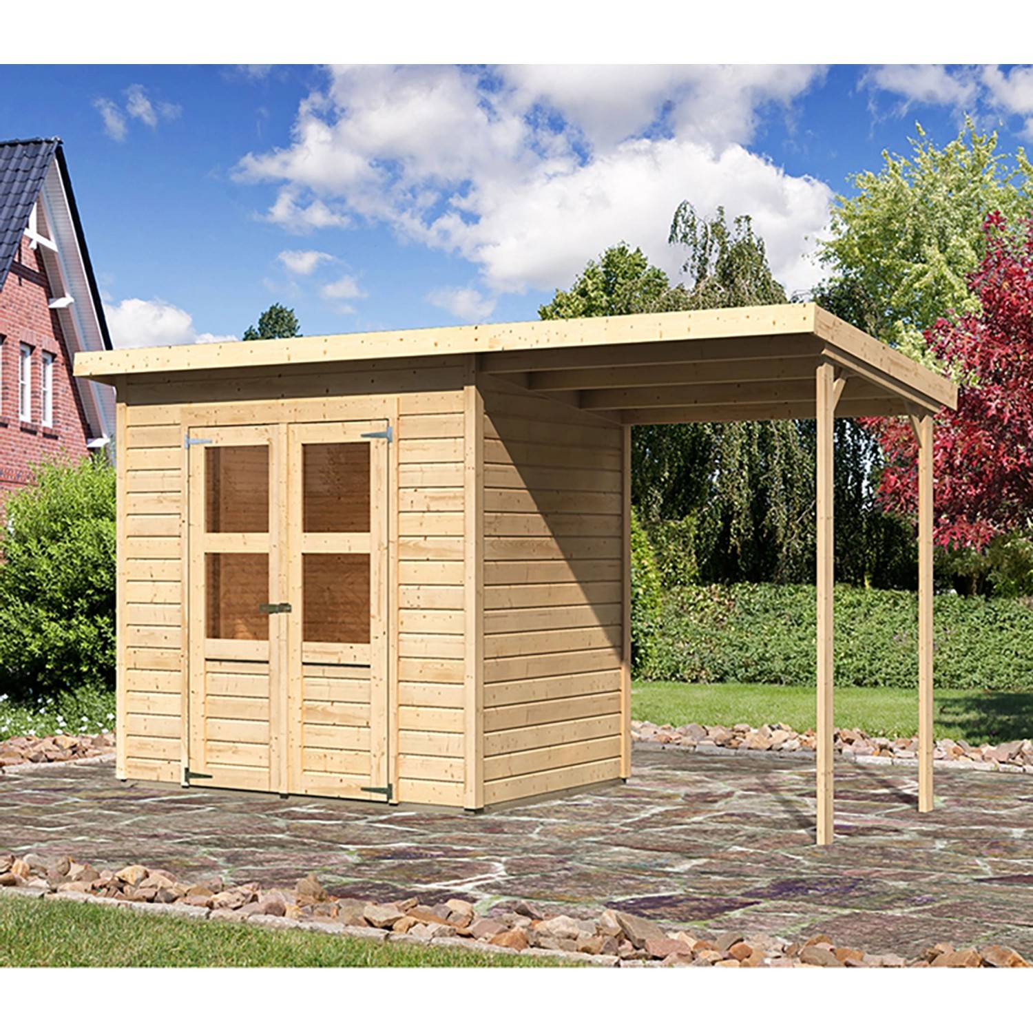 Karibu Holz-Gartenhaus Neuenburg Natur 370 cm x 150 cm davon 162 cm Anbauba günstig online kaufen