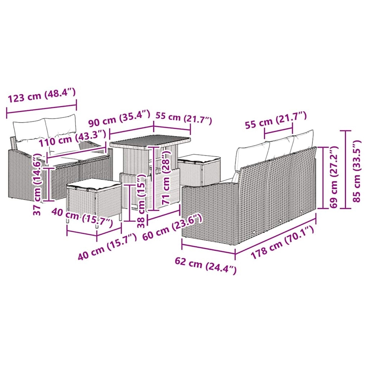 Graues 8-teiliges Garten-Sofa-Set aus Polyrattan mit Tisch und Kissen.