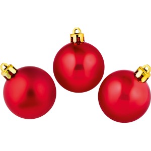 Weihnachtskugel-Set Rot: Drei rote Christbaumkugeln mit glänzender Oberfläche.