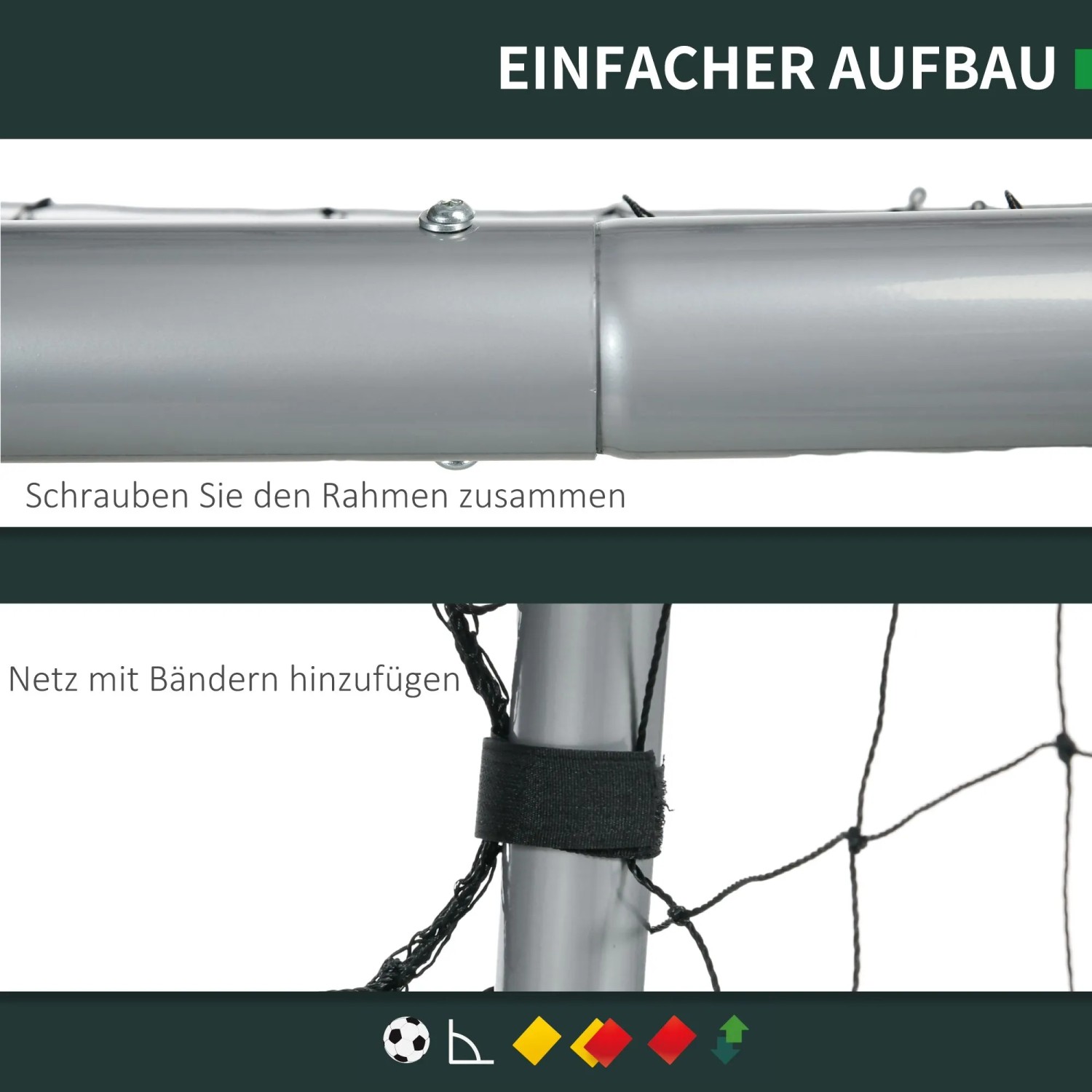 Nahaufnahme der Montage eines SPORTNOW Fußballtors: grauer Stahlrahmen wird verschraubt, schwarzes Netz befestigt.