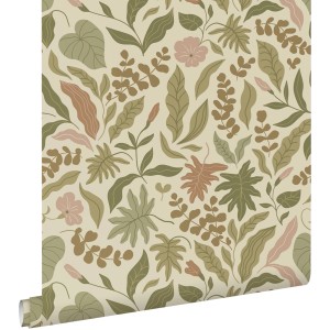 ESTAhome Vliestapete mit Blättern und Blumen in Olivgrün, Terrakotta und Rosa auf hellem Grund. Dekorative Tapete.
