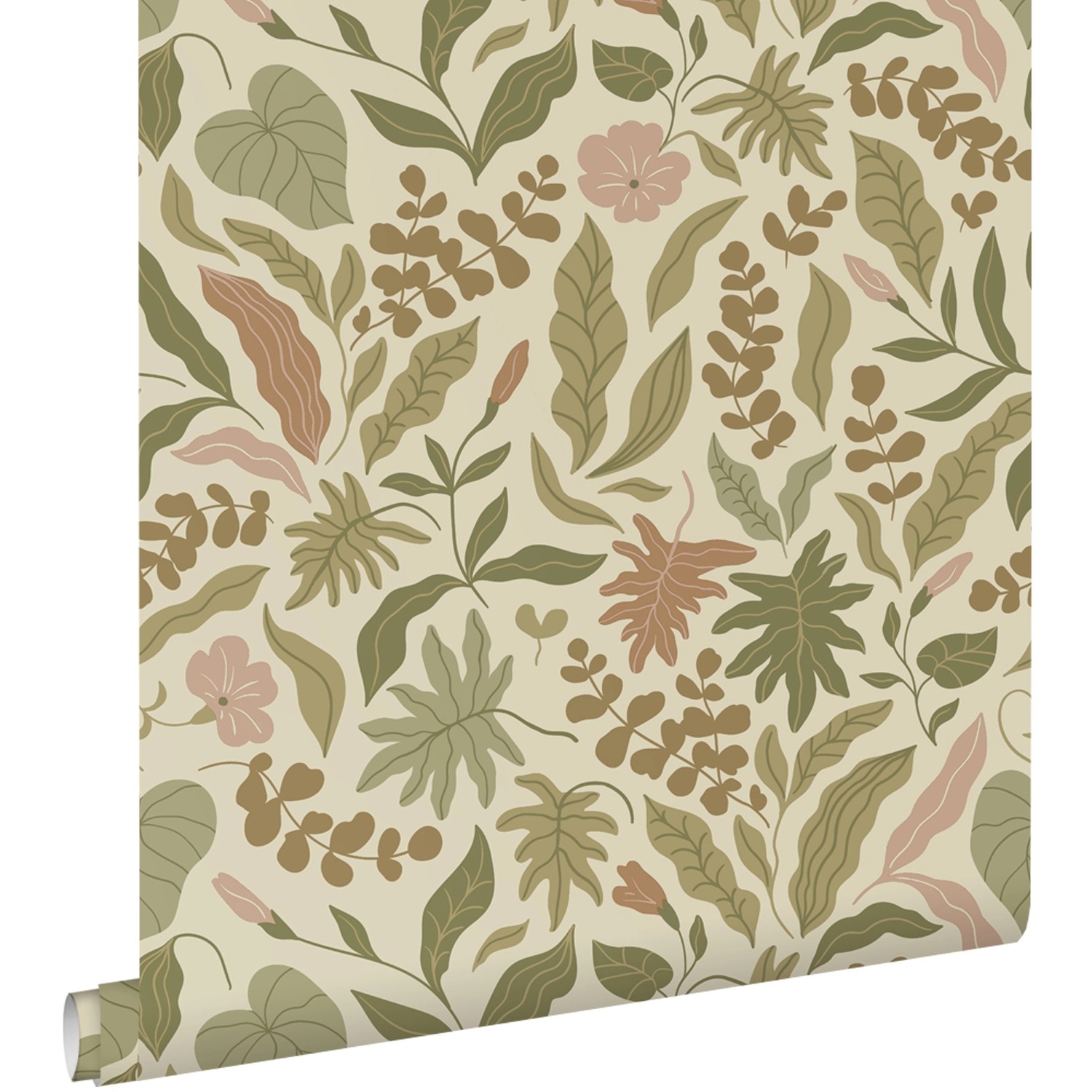 ESTAhome Tapete Blätter und Blumen Olivgrün Terrakotta und Rosa 50 x 900 cm günstig online kaufen