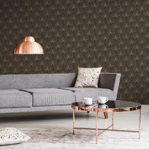 Wohnzimmer mit schwarzer und goldener Art Deco Bricoflor Tapete Gründerzeit im 20er Jahre Stil.