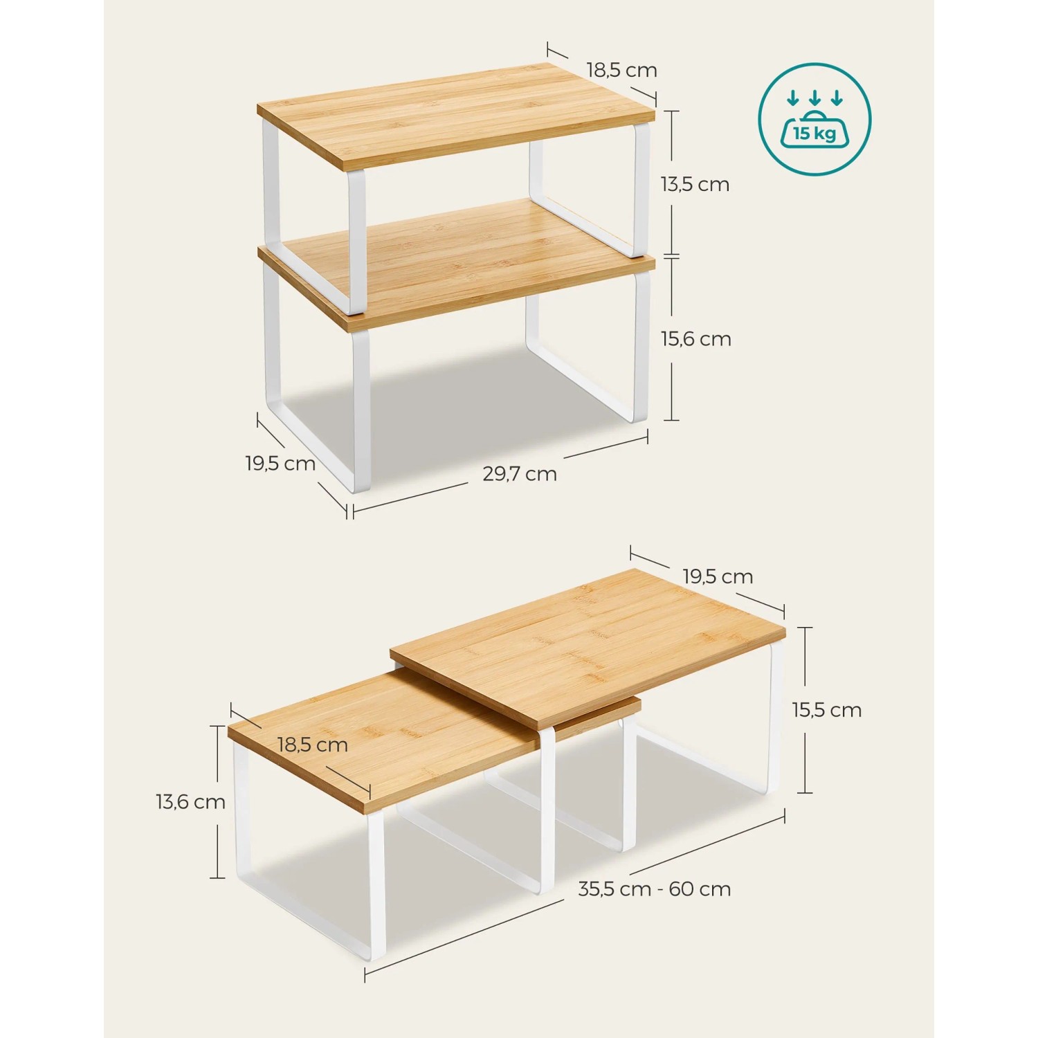 Songmics Gewürzregale-Set, 2-teilig, weißer Metallrahmen, Naturholz, stapelbar für Küche und mehr.