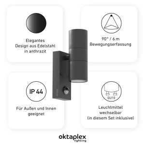 Oktaplex Chile Außenlampe mit Bewegungsmelder, Edelstahl, anthrazit, inklusive Leuchtmittel.