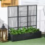 Schwarzer Outsunny Blumenkasten mit Spalier aus PE-Rattan und Stahl, bepflanzt mit grünen Pflanzen.