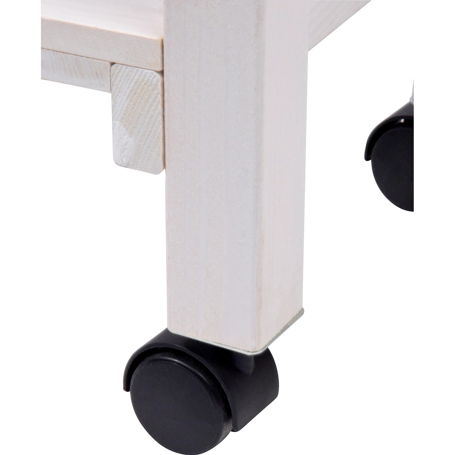 Detailaufnahme: Weißes, rollbares Hochbeet aus Holz mit schwarzer Rolle.