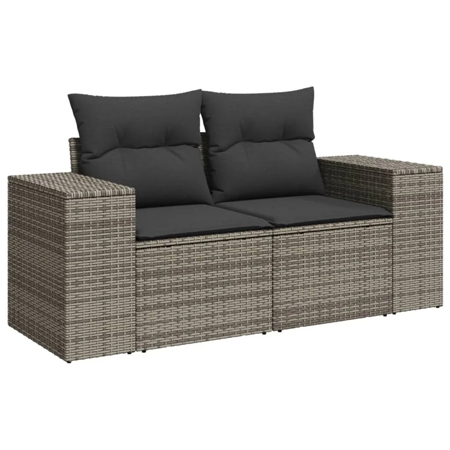 Graue vidaXL Garten-Sofagarnitur aus Polyrattan mit dunklen Kissen.