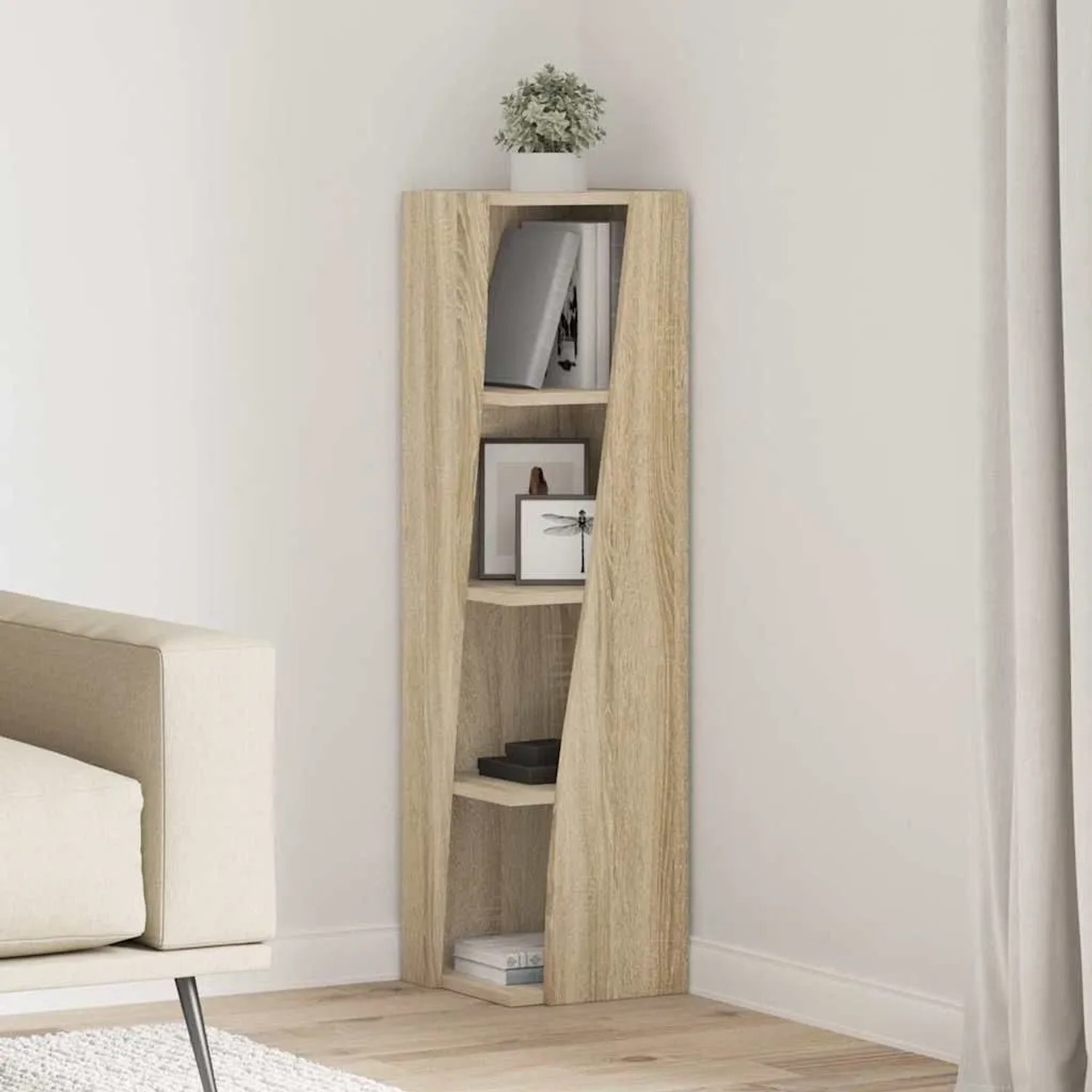 Moderner vidaXL Eckschrank Sonoma-Eiche aus Holzwerkstoff mit 4 offenen Regalböden, schlankes Design für Wohnzimmer.