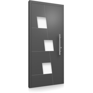 Moderne anthrazitfarbene Aluminium Haustür mit Edelstahlgriff und quadratischen Lichtausschnitten.
