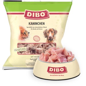 Dibo Kaninchen Barf- und Frostfutter für Hunde und Katzen, 1kg Packung und Schale mit Fleisch.