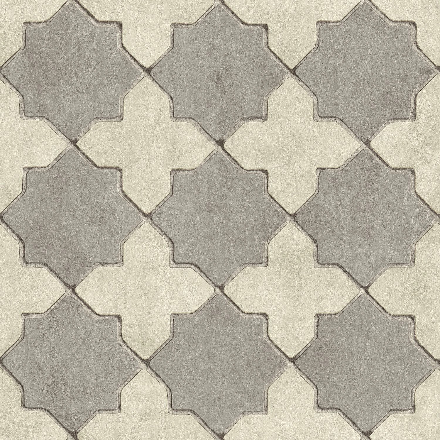 Grafik Tapete Geometrisch Grau/Creme, PROFHOME 374215-GU, Muster mit Stern-Formen.