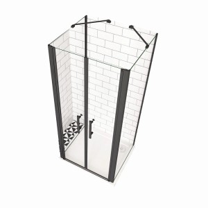 U-förmige Duschkabine mit schwarzem Rahmen, Klarglas Pendeltür und Doppeltür. 6mm ESG Nano Glas Eckdusche.