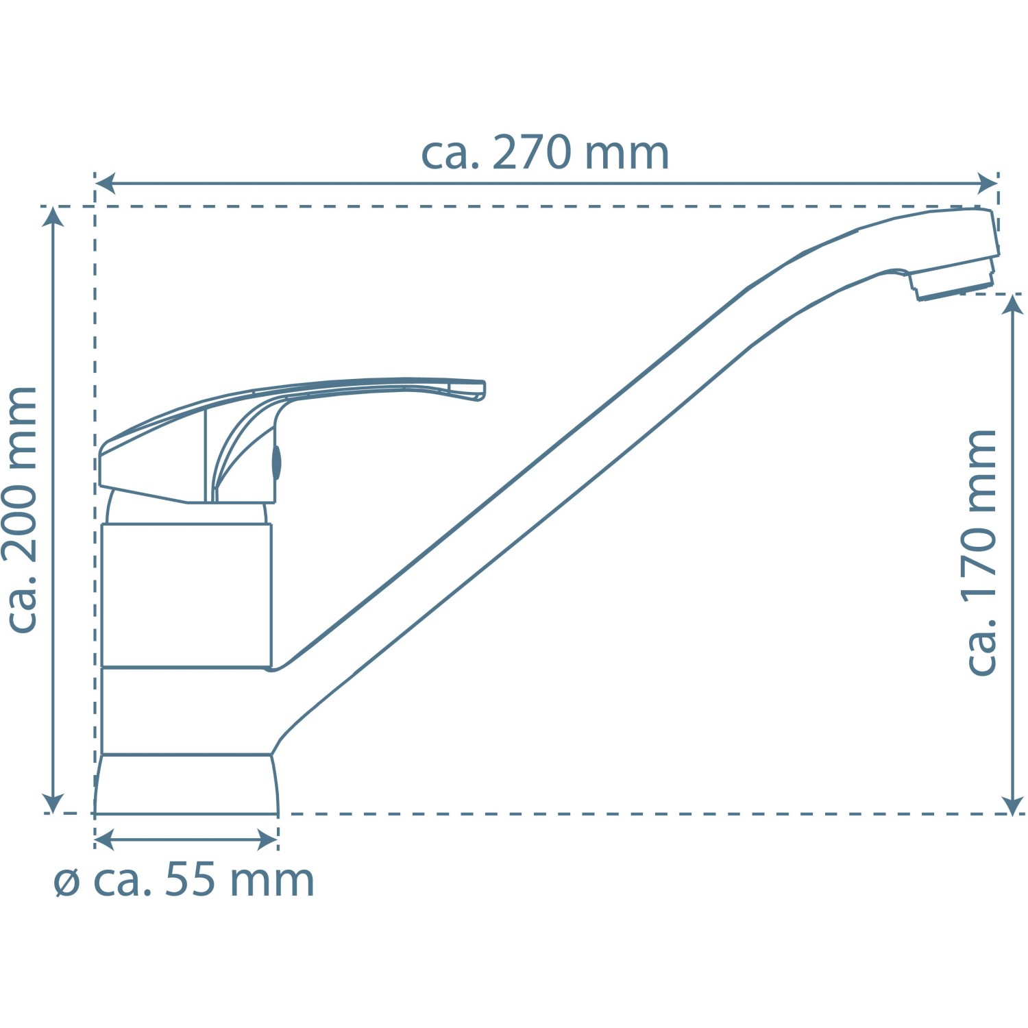 Skizze der schwarzen Schütte Küchenarmatur Grande mit Maßangaben.