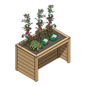 Weka Hochbeet Profi für Rollstuhlfahrer, Holz, bepflanzt mit Gemüse.