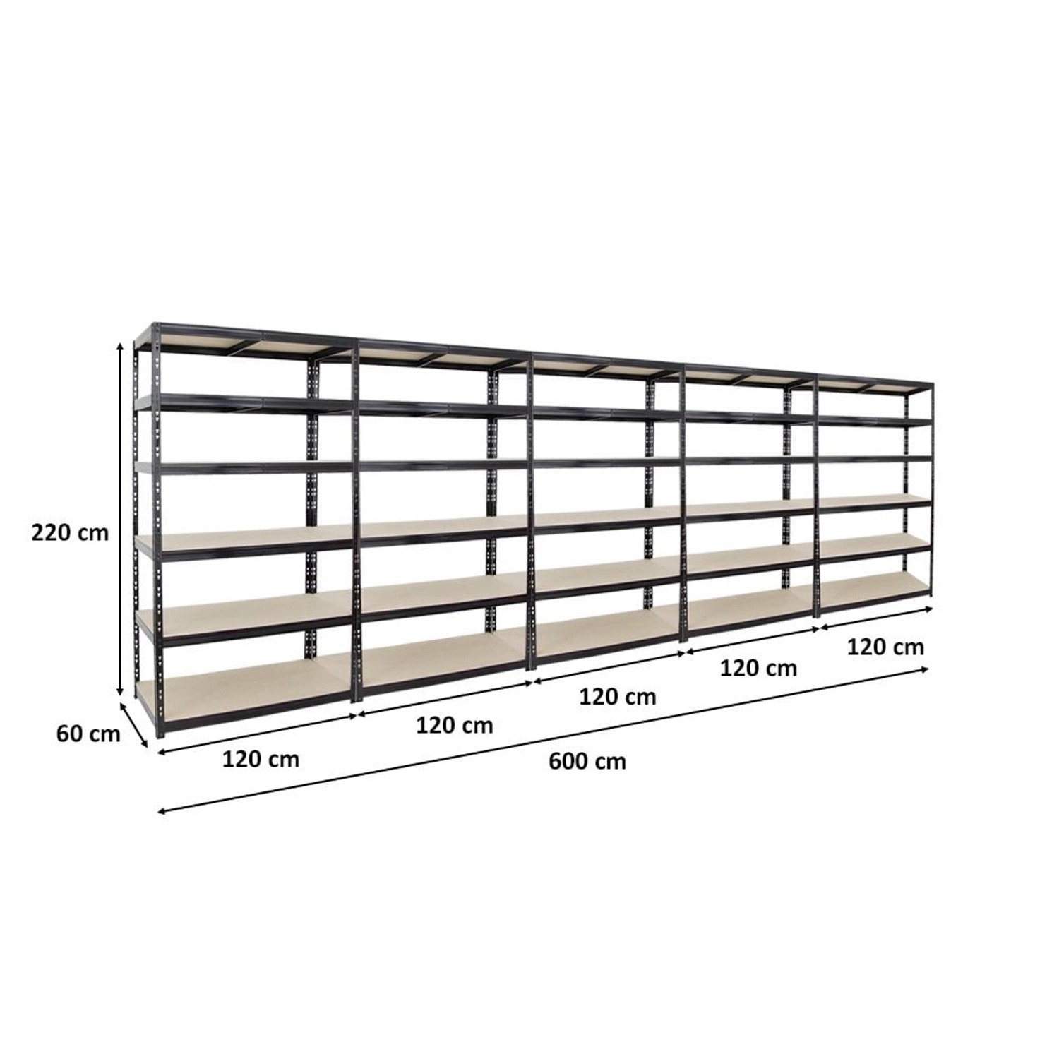 Mega Deal: 5 schwarze Schwerlastregale Giant Tiger XL, 220x120x60cm, mit 6 Ebenen für Werkstatt & Garage.