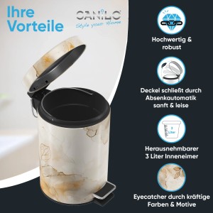 SANILO Kosmetikeimer Faylora mit Absenkautomatik und Fußpedal, beige-braunes Blätterdesign.