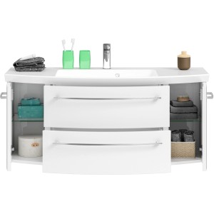Pelipal Quantum 01 Waschbeckenunterschrank, 119 cm, Weiß Hochglanz mit zwei Schubladen und Ablageflächen.