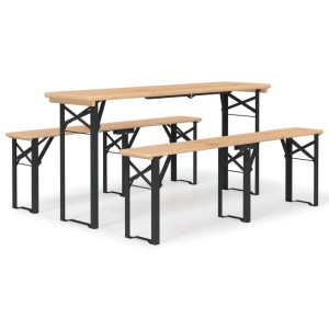 Klappbares 3-tlg. Biertisch-Set aus Tannenholz mit dunklem Metallgestell für Garten und Outdoor.