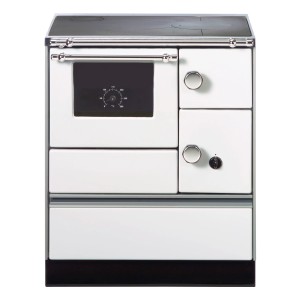 Weißer Westminster Küchenherd K76-70 mit Stahlplatte, Backfach links und 7,3 kW Leistung.