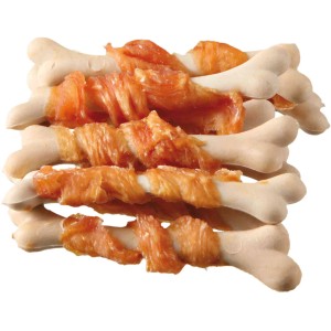 Trixie Premio Chickies: Getrocknete Hunde-Snacks aus Hühnchen ummantelt mit einem Knochen.