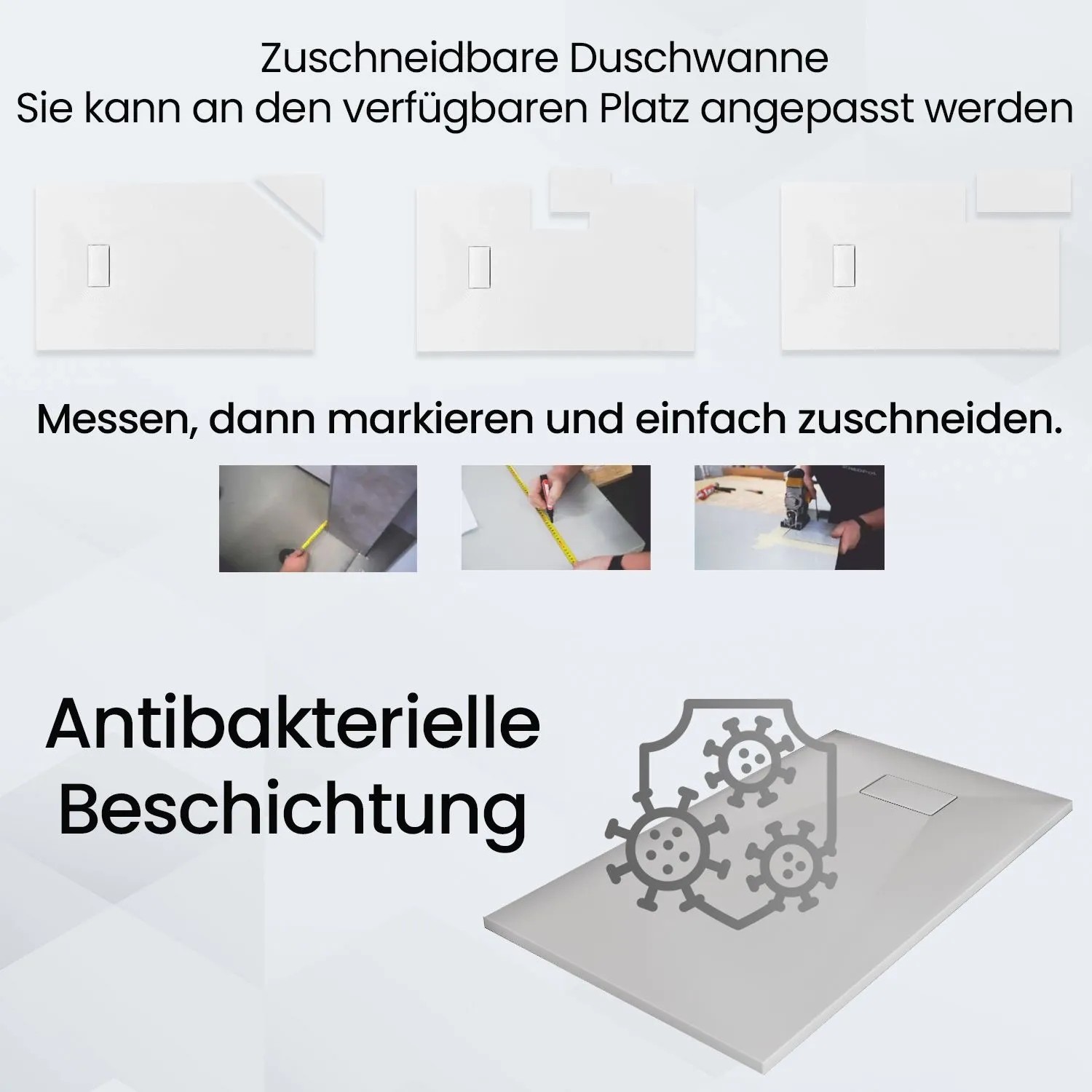 Zuschneidbare Duschwanne Rechteck Steinoptik. Zeigt Anpassung, Zuschnitt und antibakterielle Beschichtung.