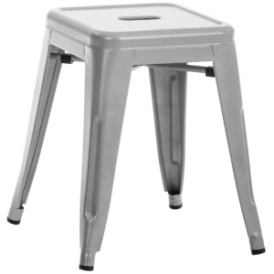 Silberner Metallhocker Armin, stapelbar, mit quadratischer Sitzfläche und Bodenschonern. Modernes Design.