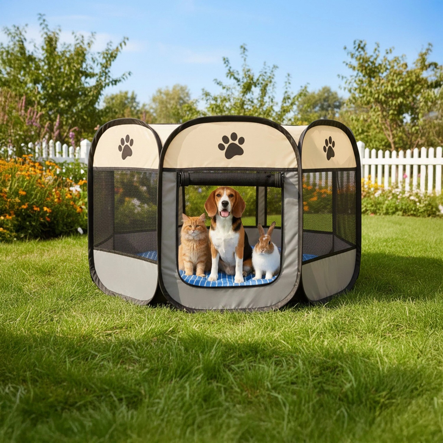 Faltbarer Welpenauslauf aus beigem Polyester mit schwarzen Netzfenstern, Hund, Katze, Kaninchen auf grünem Rasen im Garten.
