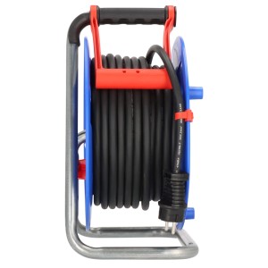 Garant Kabeltrommel 25m IP44 blau mit schwarzem Kabel, rotem Tragegriff und Stecker für Baustellen.