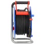 Garant Kabeltrommel 25m IP44 blau mit schwarzem Kabel, rotem Tragegriff und Stecker für Baustellen.