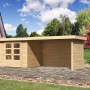 Karibu Holz-Gartenhaus Boras, unbehandelt, mit Doppeltür und Anbau. Ideal zur Gartengeräte-Lagerung.