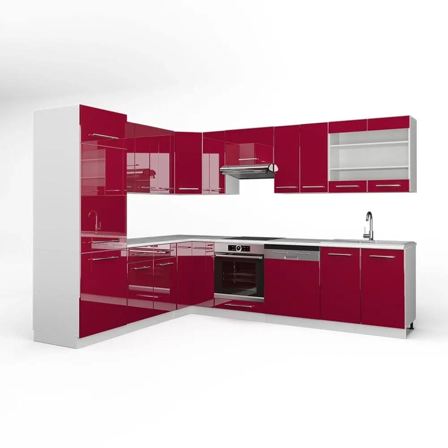 Vicco Eckküche Fame-Line Bordeaux Hochglanz/Weiß 287 x 82 ohne Arbeitsplatte