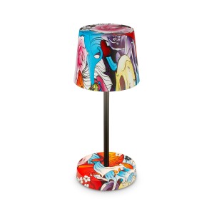 Brilo Akku Tischleuchte Piha mit Graffiti-Motiv, dimmbar und kabellos. Design-Tischlampe für Innen und Außen.