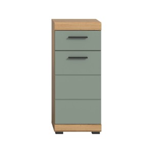 Moderner Bad-Standschrank in Salbei mit Holzdekor, 37x88x31 cm, für mehr Stauraum im Badezimmer.