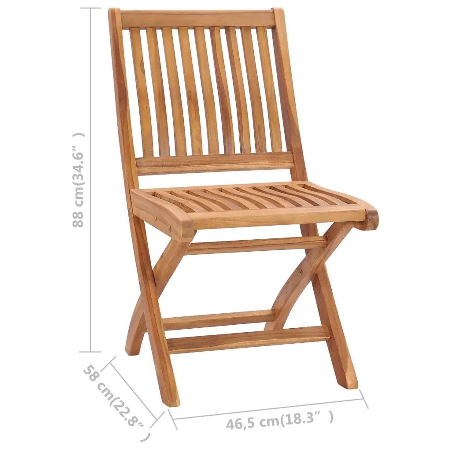 Klappbarer Gartenstuhl aus Teakholz mit Lattenrost, geöffnet, Maße 88x58x46,5 cm.